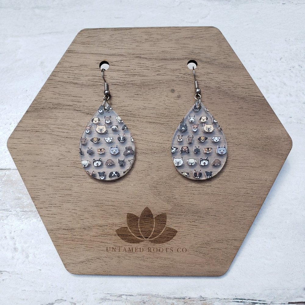 Puppy Dog Print Large Teardrop Earrings, Acrylic, Stainless Steel, Handmade